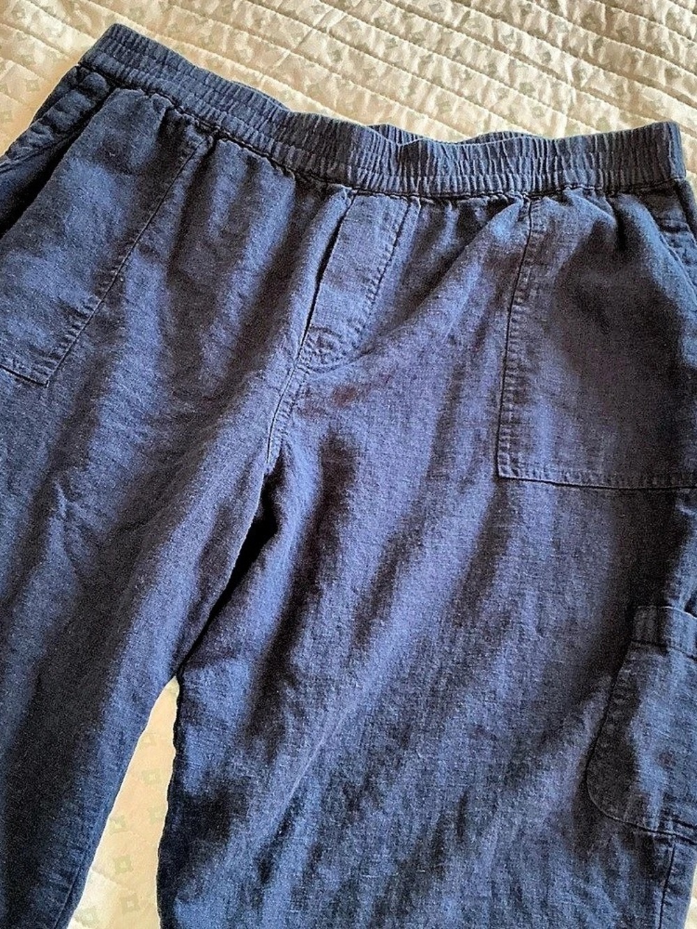 Susan Graver CAPRIS Linen Blend Cargo Capis L Navy elastic waist three pockets